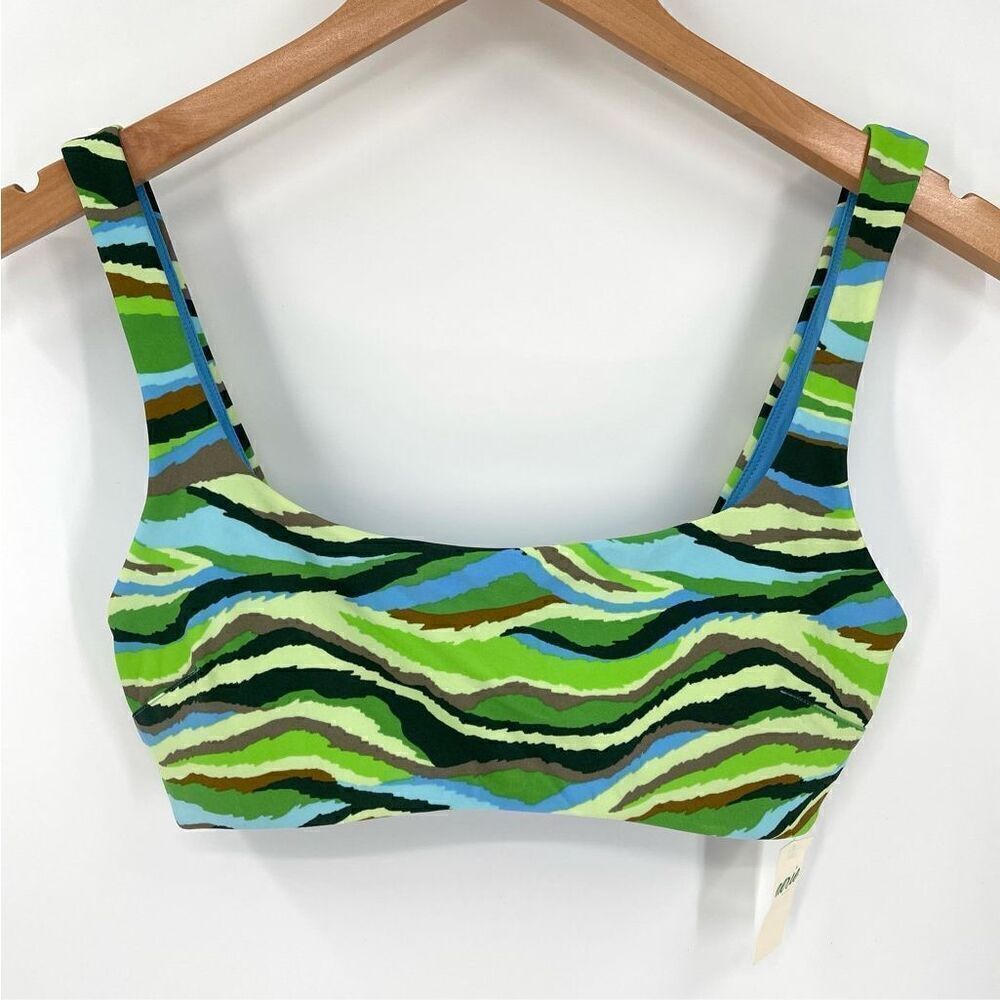 Aerie Multi-Color Abstract Scoop Wide Strap Bikini Top Women‎ Medium Green Blue